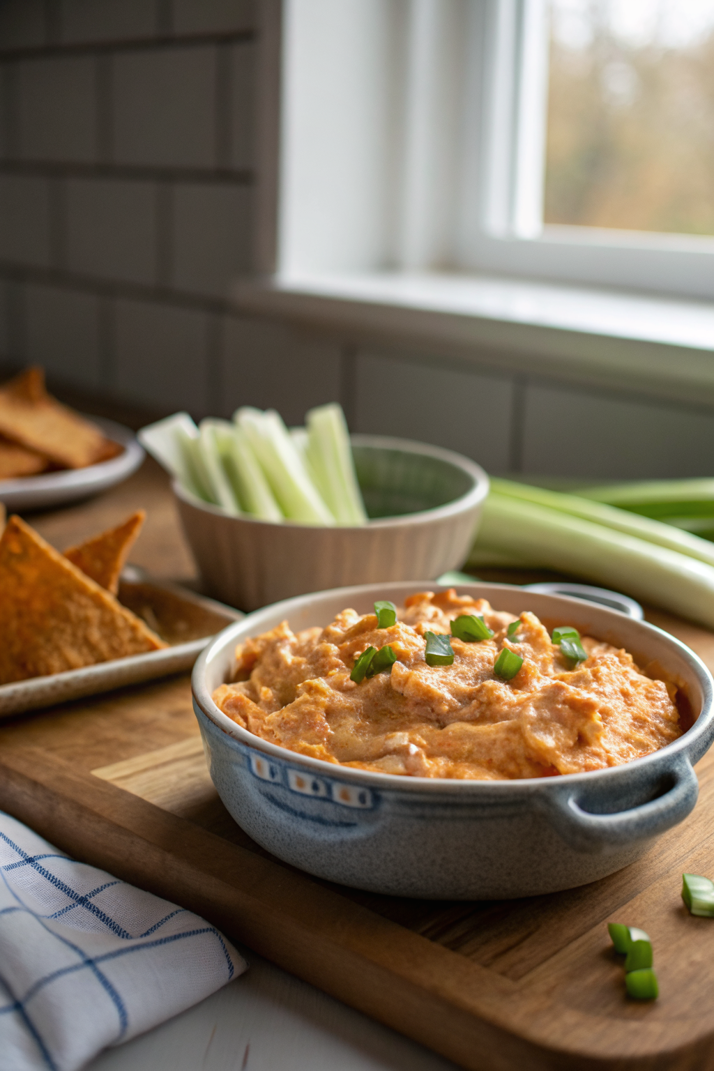 Buffalo Chicken Dip beautifully presented from an overhead angle